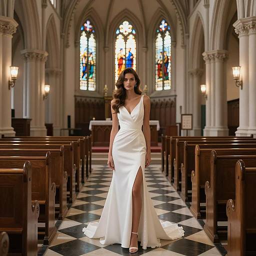 Elegant Bridal Gown in Gothic Church Aisle with Stained Glass