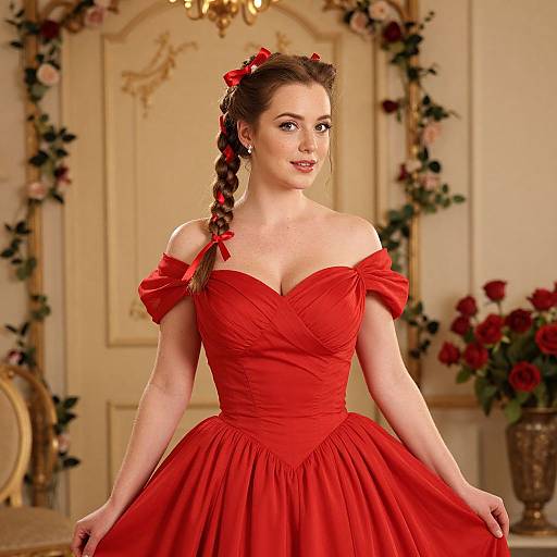 Elegant Woman in Red Vintage Gown with Braided Hair in Classic Rose Decor