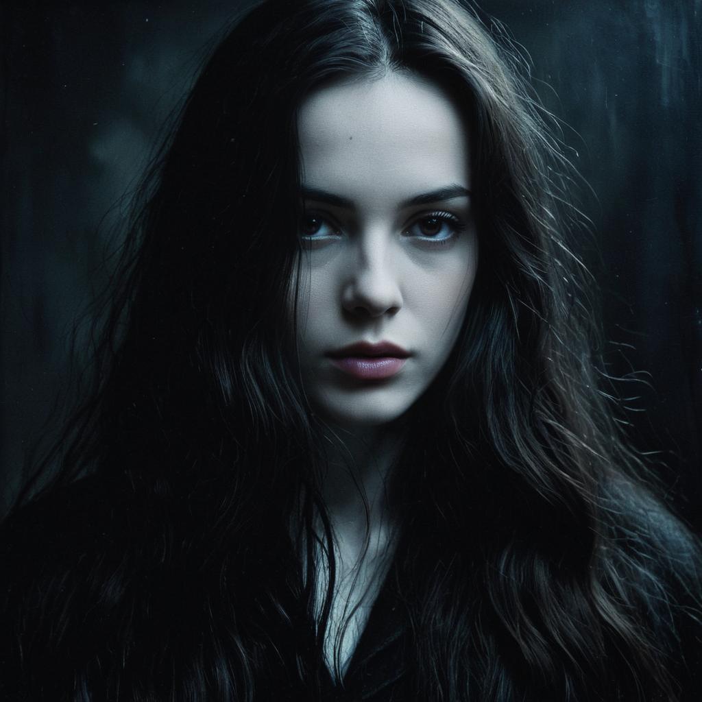 Moody Close-Up Portrait of Woman with Long Dark Hair in Low Light