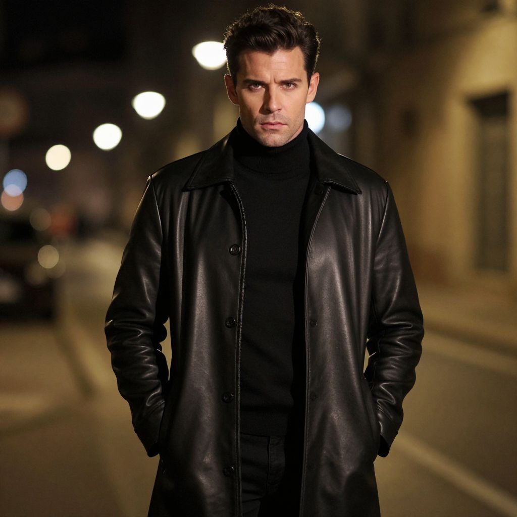 Man in Black Leather Coat on Nighttime Urban Street