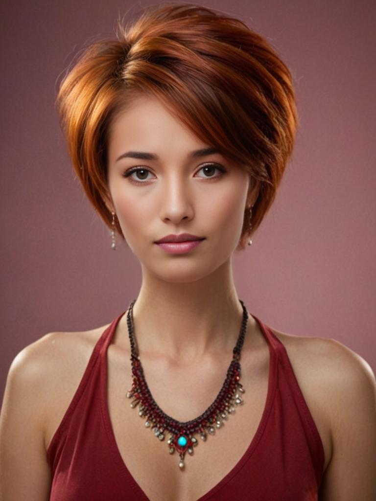 Artistic Portrait of Woman with Pixie Haircut in Burgundy Outfit