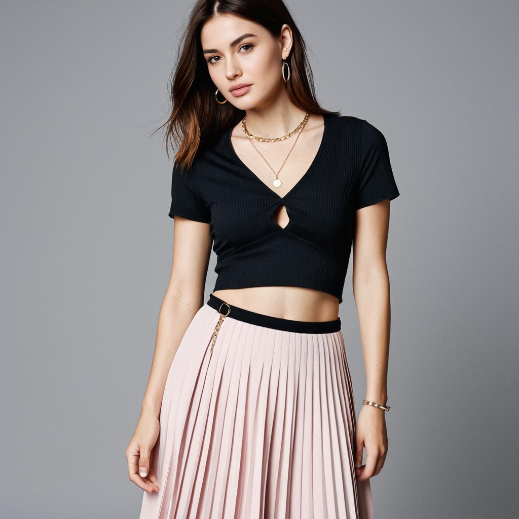 Woman in Contemporary Black Cropped Top with V-Neck Paired with Pink Pleated Skirt