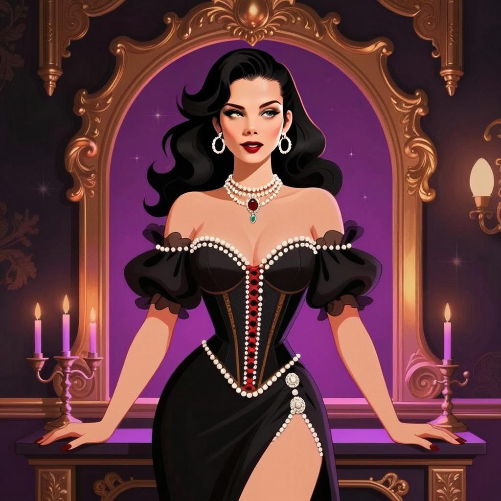 Glamorous Woman in Pearl-Embellished Black Gown with Gothic Elegance