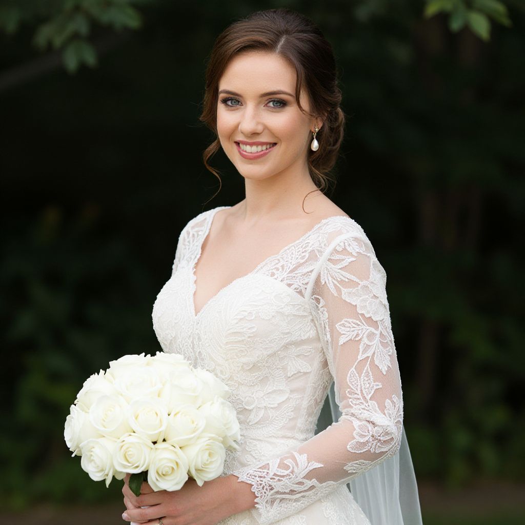 Elegant Bride in Lace Wedding Dress Holding White Rose Bouquet