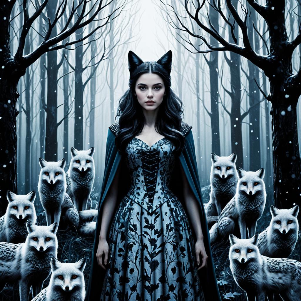 Mystical Woman With Cat Ears and White Foxes in Enchanted Winter Forest