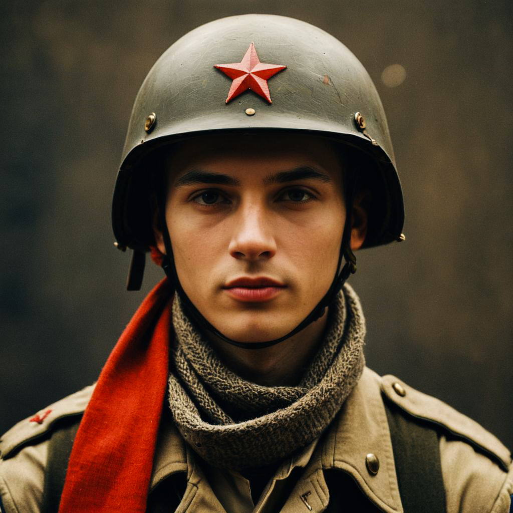 Young Man in Military Helmet with Scarf