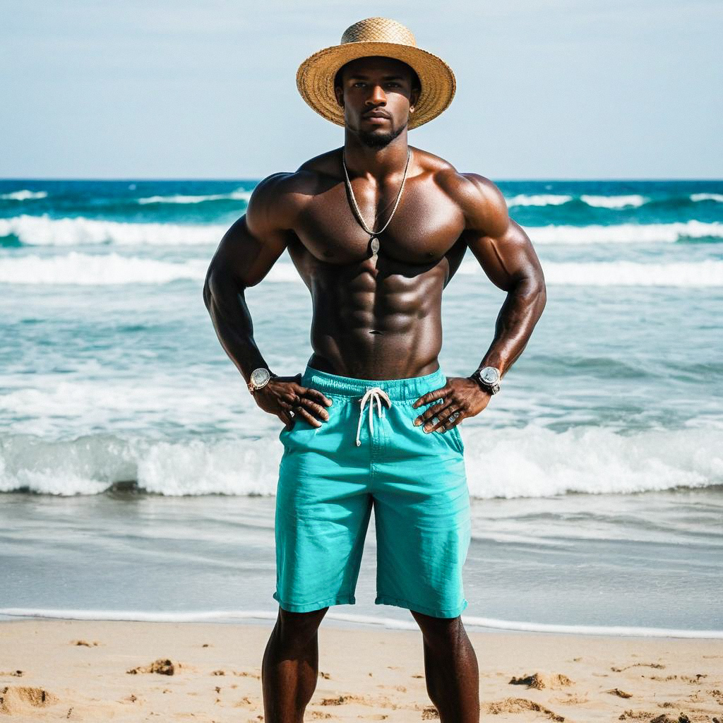 Muscular Man on Beach with Ocean Waves Muscular Man on Beach with Ocean Waves