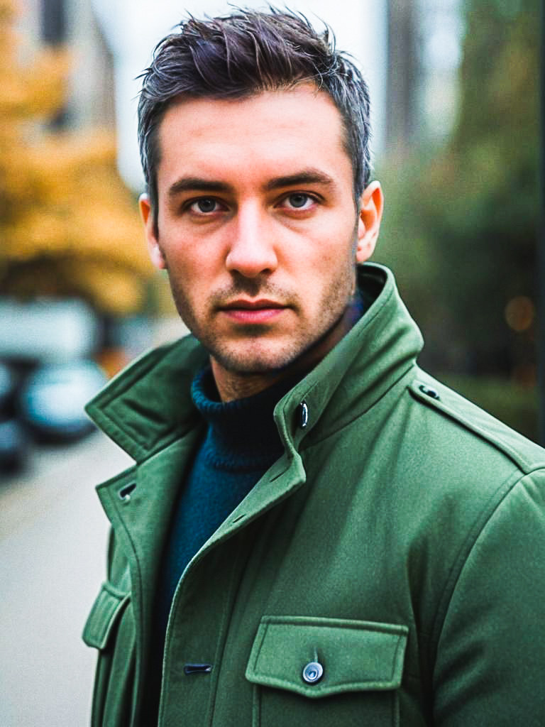 Stylish man in green coat on city street