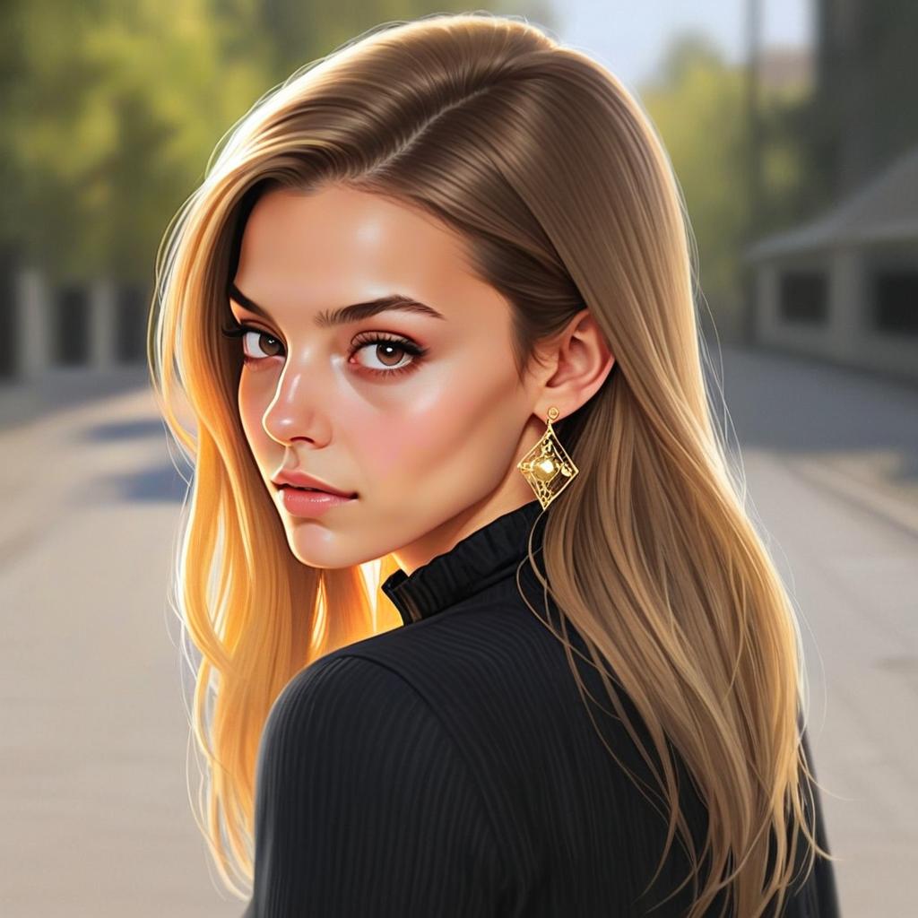 Close-Up Portrait of Young Woman with Blonde Hair and Gold Earrings in Digital Art Style