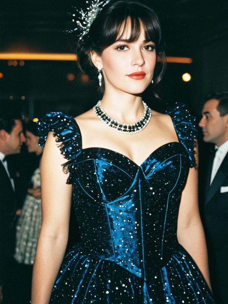 Elegant Woman in Blue Velvet Gala Outfit with Statement Jewelry