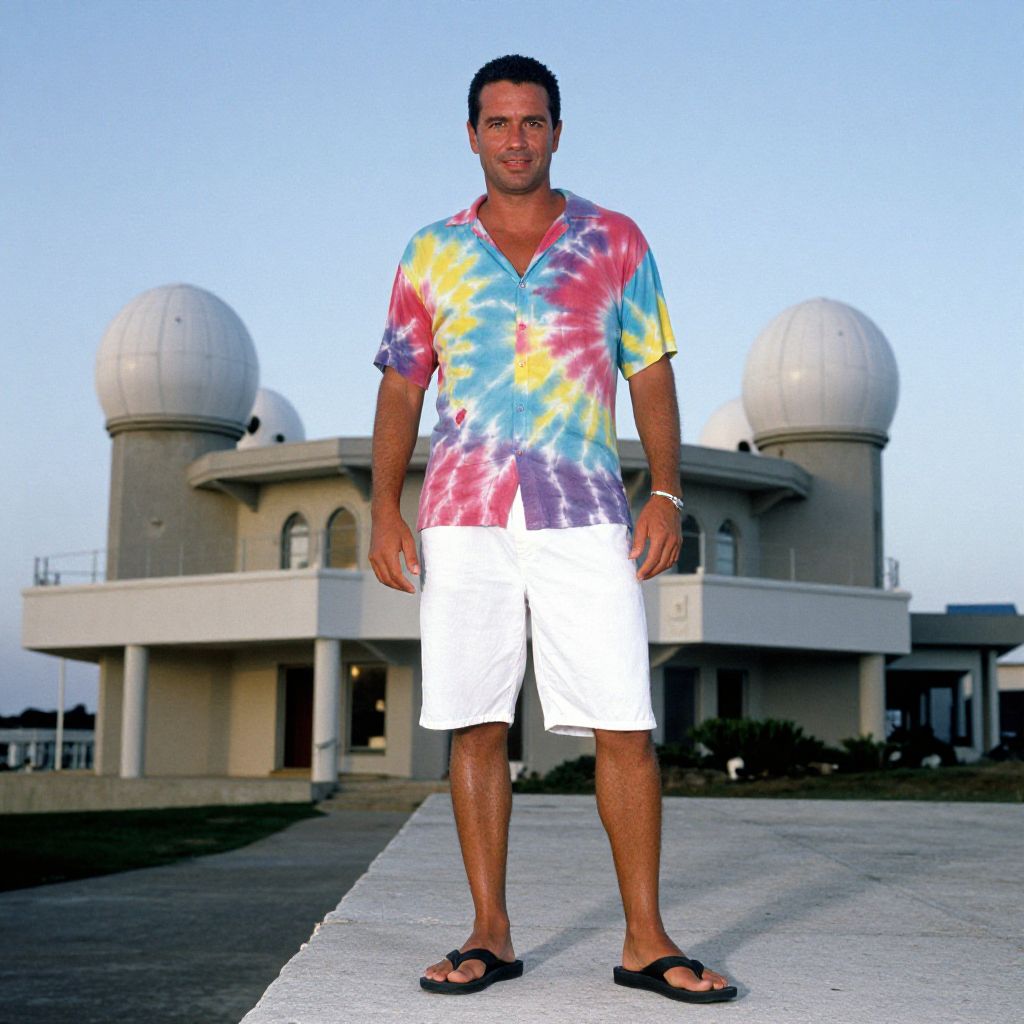 Man in Tie-Dye Shirt in Front of Observatory Building