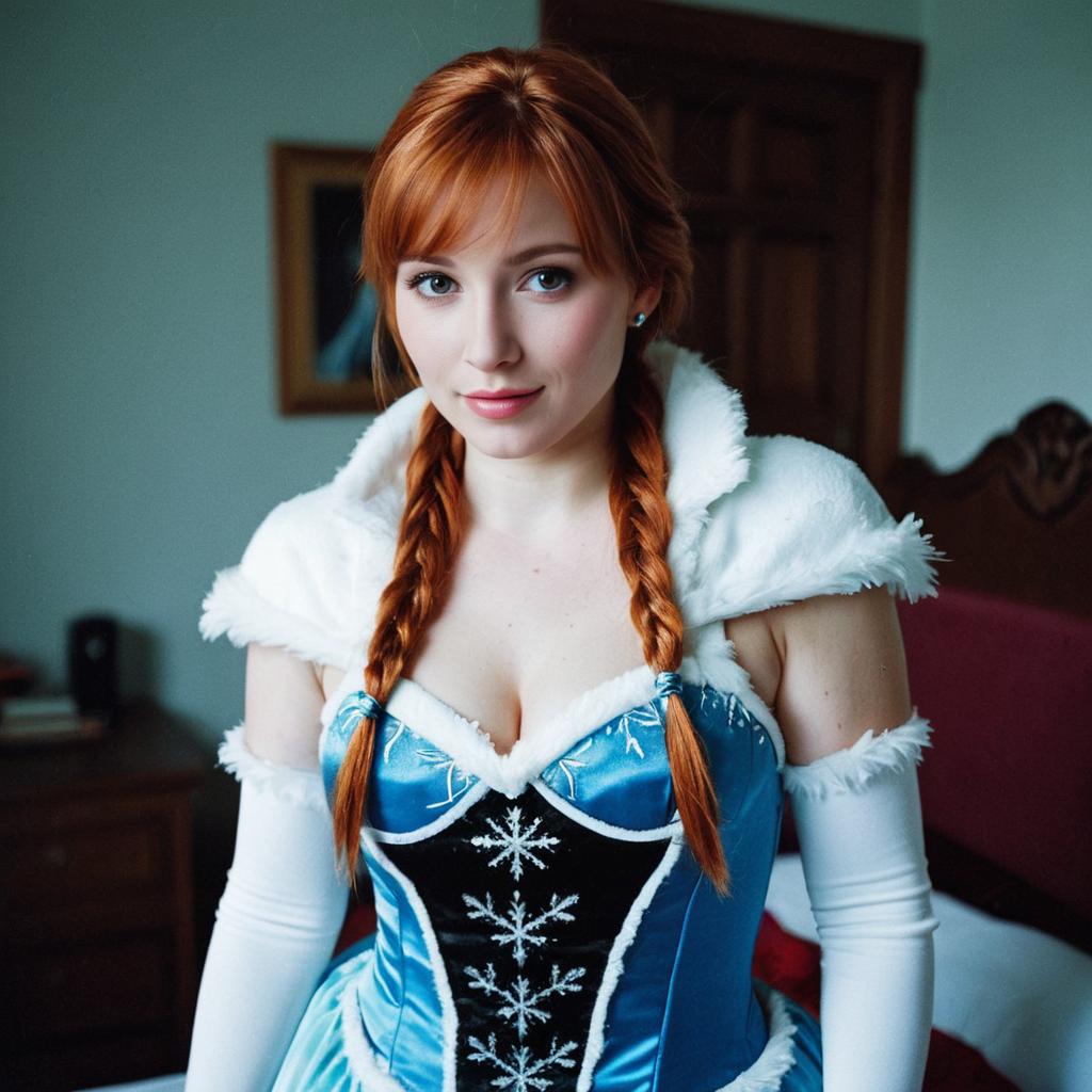 Woman in Revealing Anna Frozen Costume with Braided Red Hair
