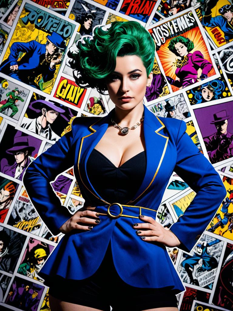 Confident Woman with Green Hair in Blue Blazer Against Comic Book Wall