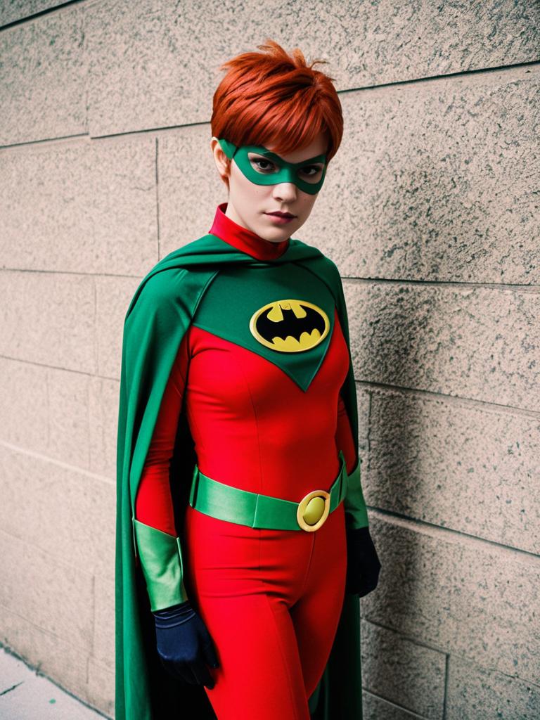 Realistic Carrie Kelley Cosplay Costume by Man with Batman Emblem