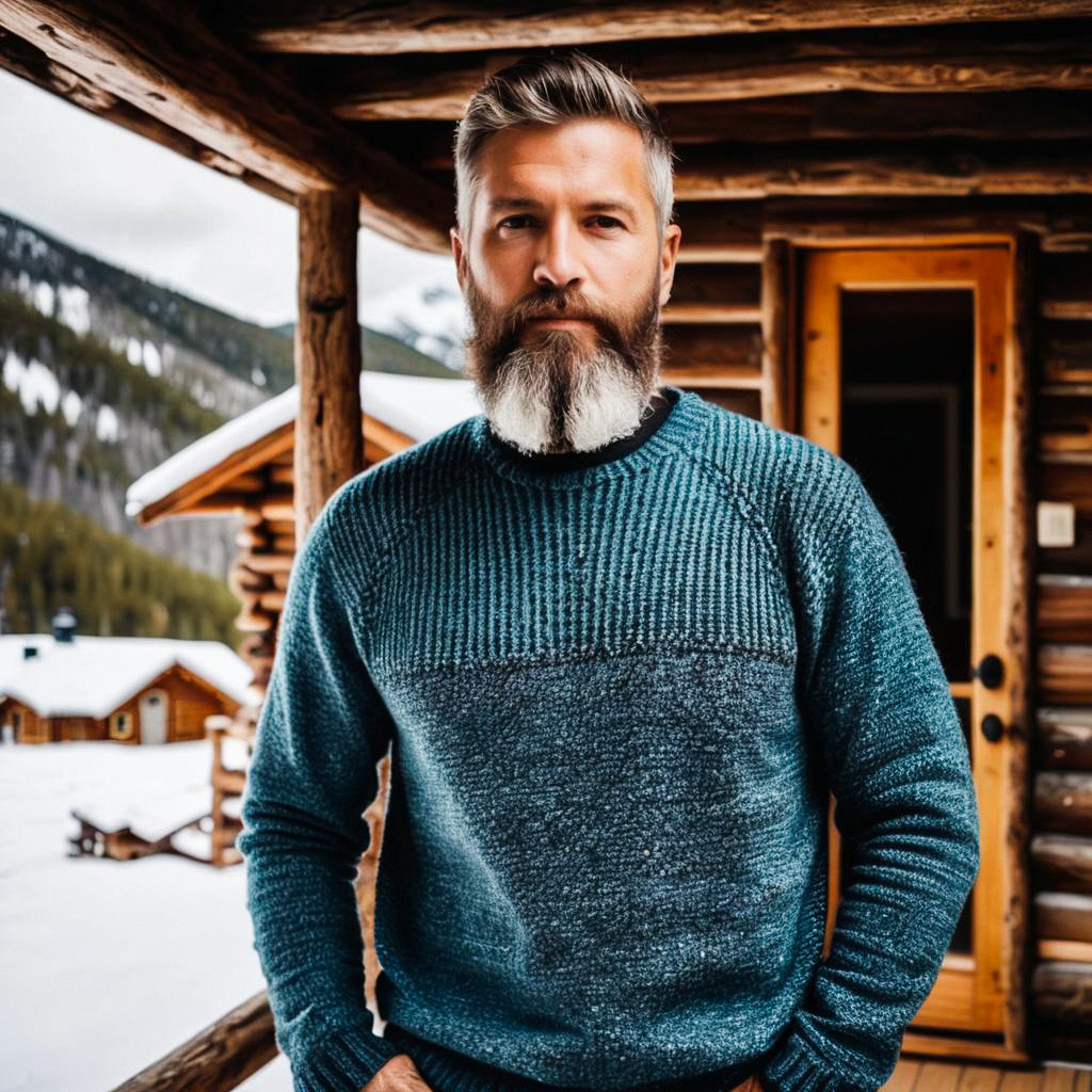 Bearded Man on Rustic Cabin Porch in Winter