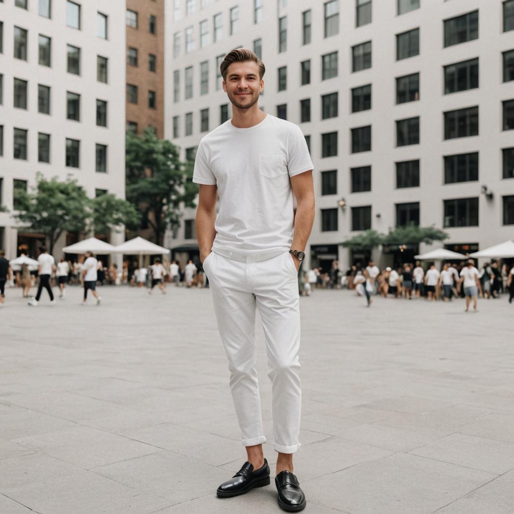 Stylish man in urban setting with white outfit