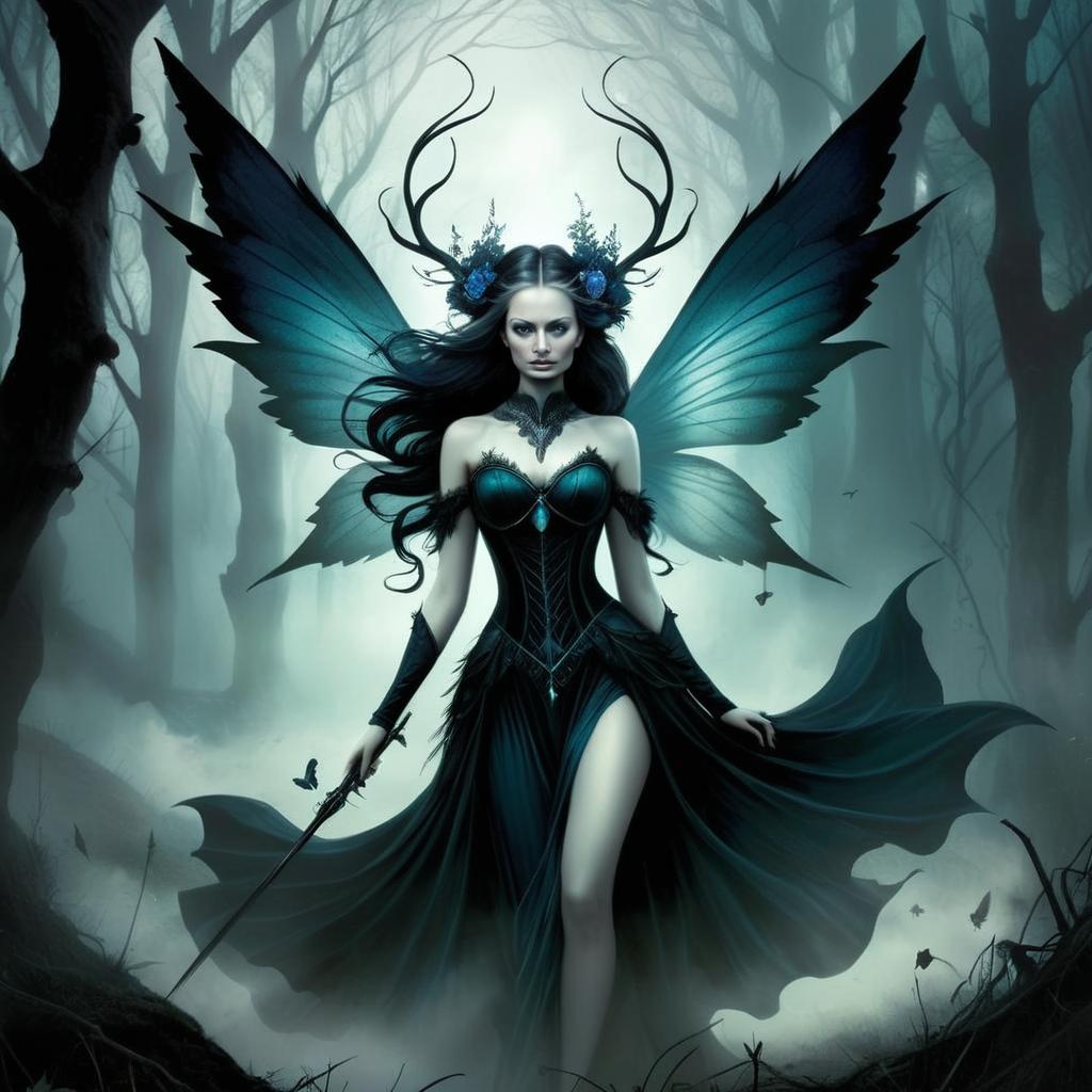 Mystical Woman in Foggy Forest with Butterfly Wings