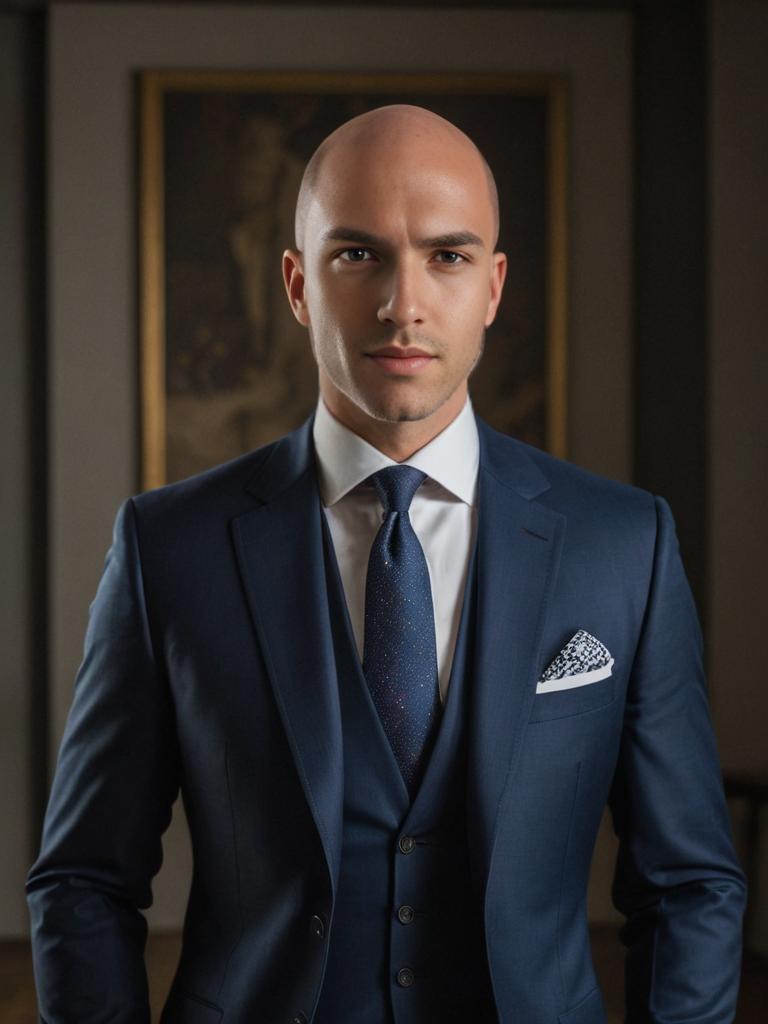 Confident Man in Blue Suit Against Dark Backdrop