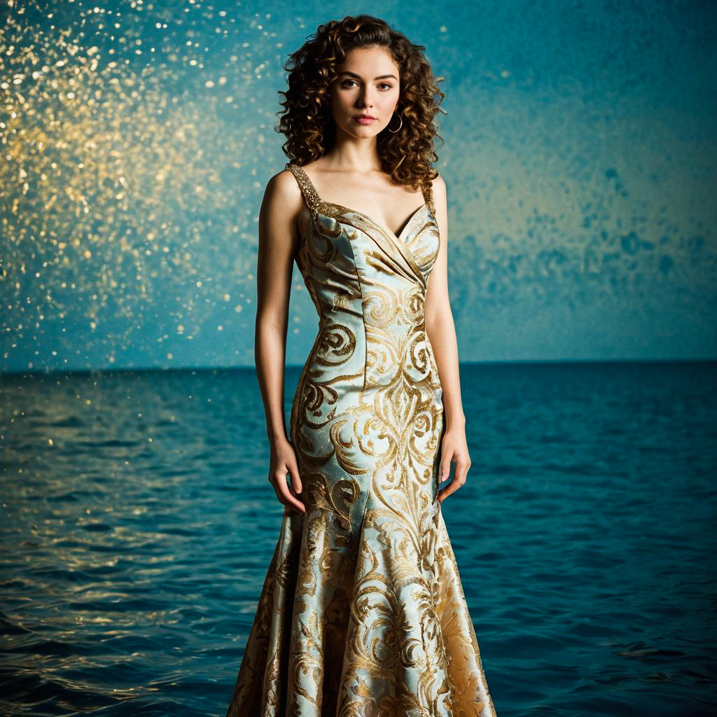 Elegant Woman in Gold Gown by Shimmering Water