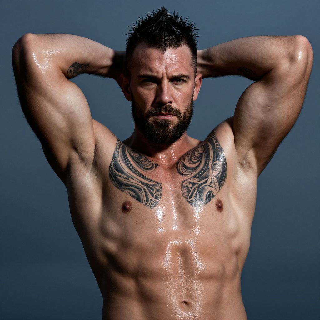 Muscular Bearded Man with Chest Tattoos Posing with Hands Behind Head