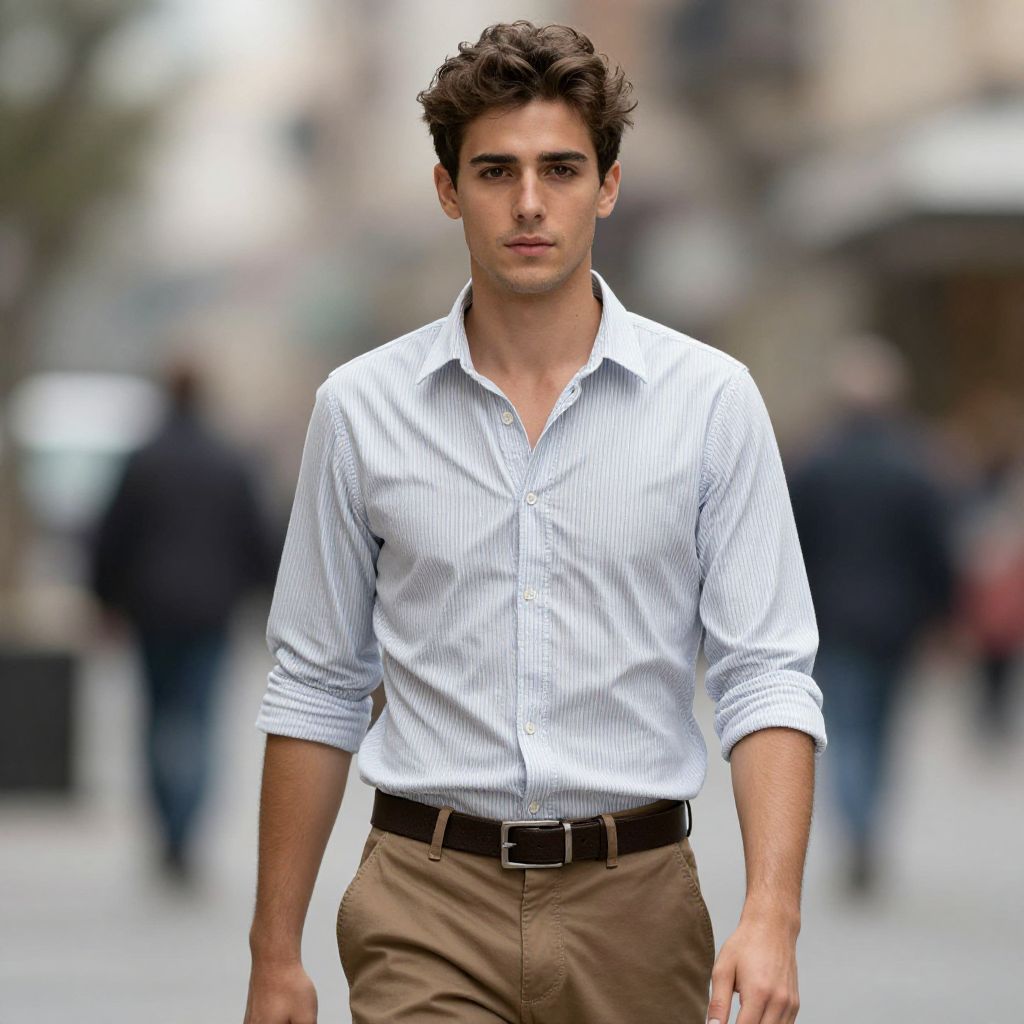 Young Man Walking in Urban Street Wearing Casual Light Blue Shirt and Beige Pants