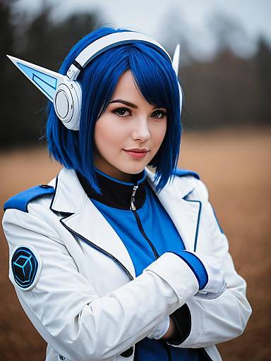 Aoi Blue Archive Cosplay Woman with Blue Hair and Futuristic Headphones