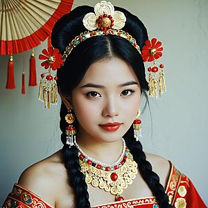 Young Woman in Vibrant Traditional Costume with Gold and Red Jewelry