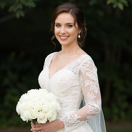Elegant Bride in Lace Wedding Dress Holding White Rose Bouquet