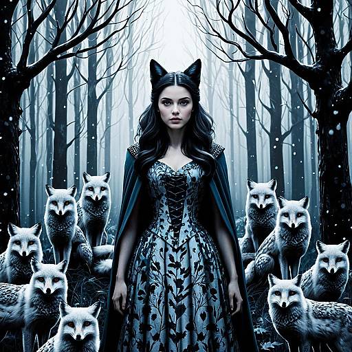 Mystical Woman With Cat Ears and White Foxes in Enchanted Winter Forest