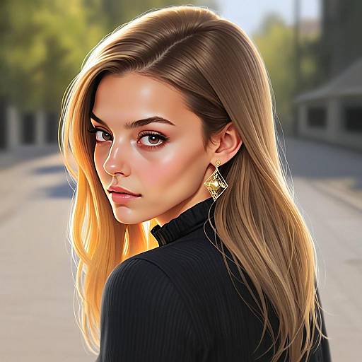 Close-Up Portrait of Young Woman with Blonde Hair and Gold Earrings in Digital Art Style