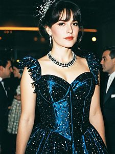 Elegant Woman in Blue Velvet Gala Outfit with Statement Jewelry