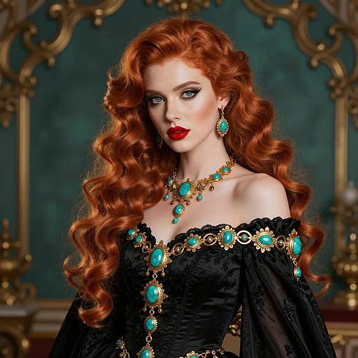 Elegant Red-Haired Woman in Victorian Style Black Dress with Turquoise Jewelry
