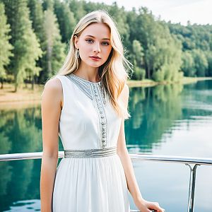 Woman in White Dress on Boat Deck by Serene Lake
