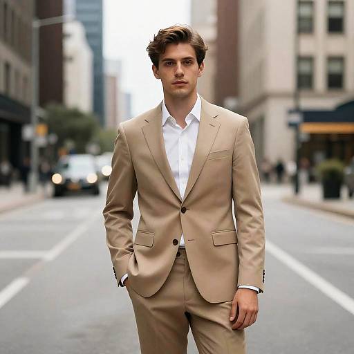 Man in Tan Suit Birthday Photoshoot in City Square