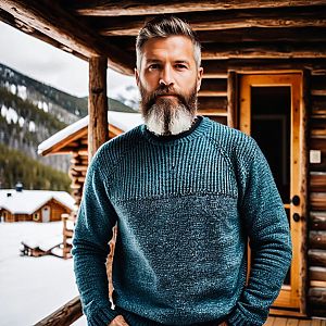 Bearded Man on Rustic Cabin Porch in Winter