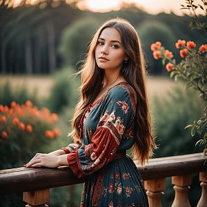 Young Woman in Bohemian Floral Dress Outdoors with Orange Flowers
