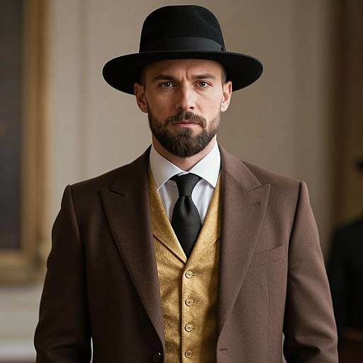 Stylish Man in Brown Suit and Fedora Hat Portrait