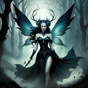 Mystical Woman in Foggy Forest with Butterfly Wings