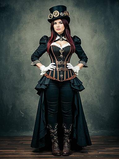 Woman in Detailed Steampunk Lady Cosplay Costume with Corset and Top Hat Full Body