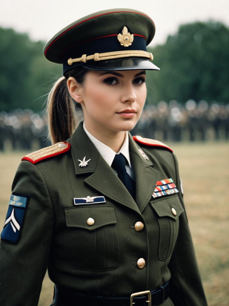 Female Soldier in Military Uniform Standing Outdoors with Formation Background