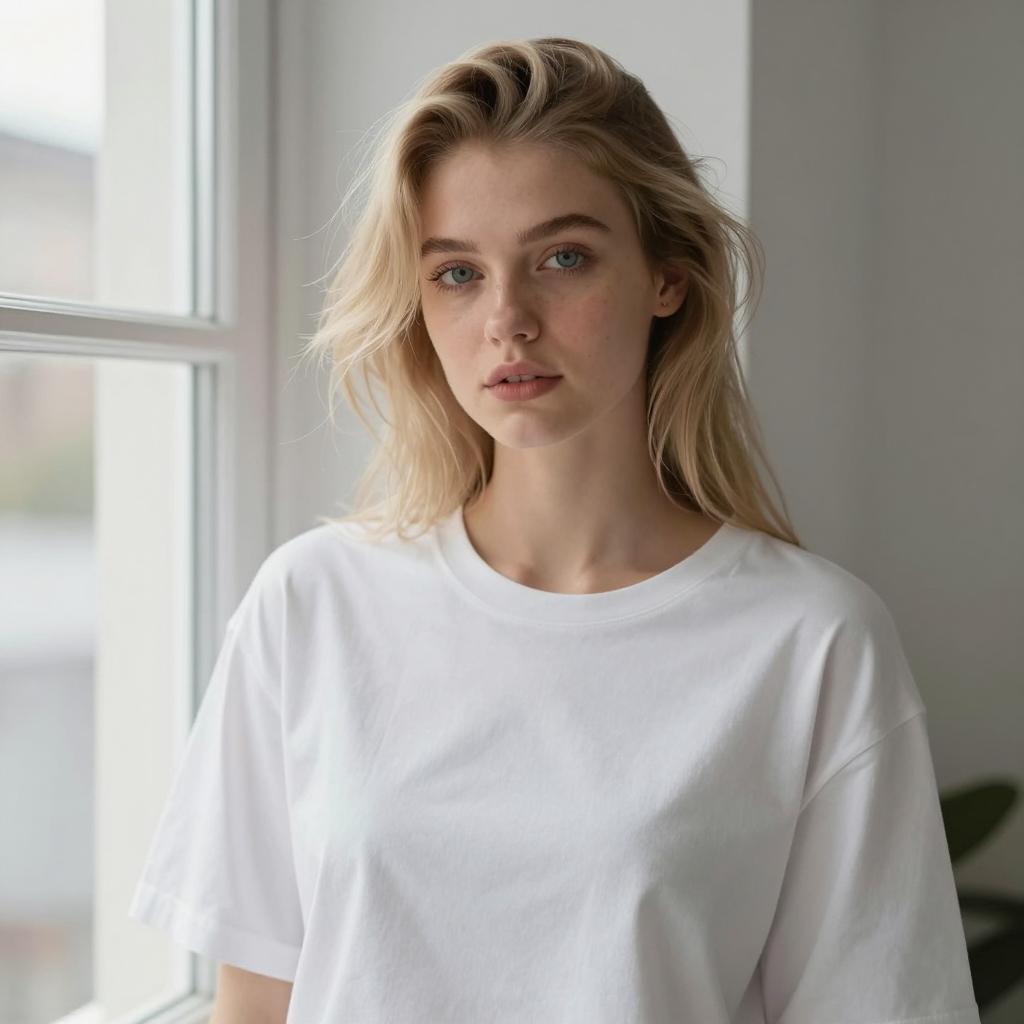 Natural Blonde Woman in White T-Shirt Near Window Gen Z Style