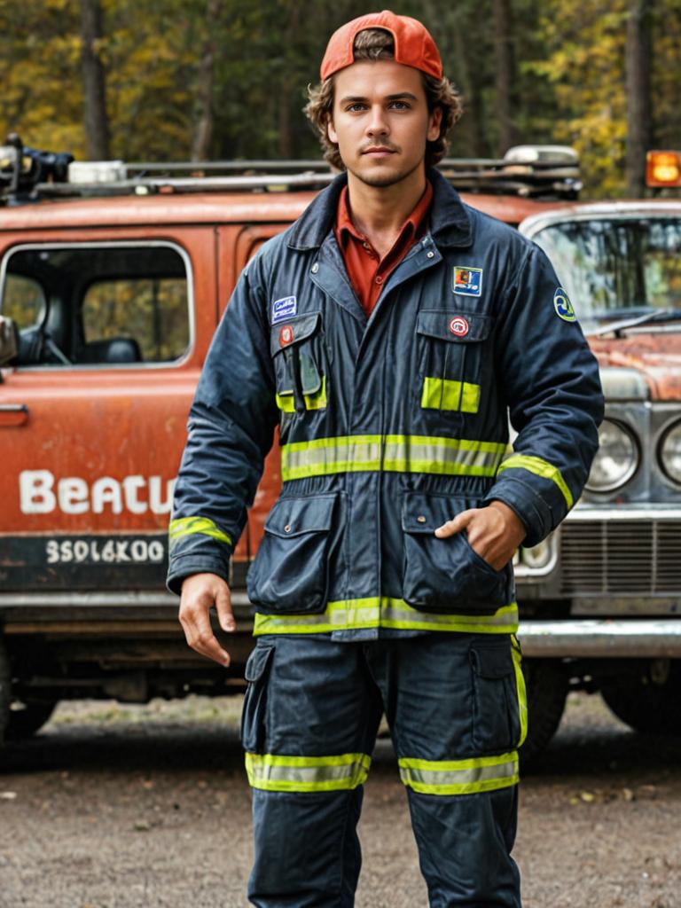 Confident firefighter in full gear in front of vintage fire truck