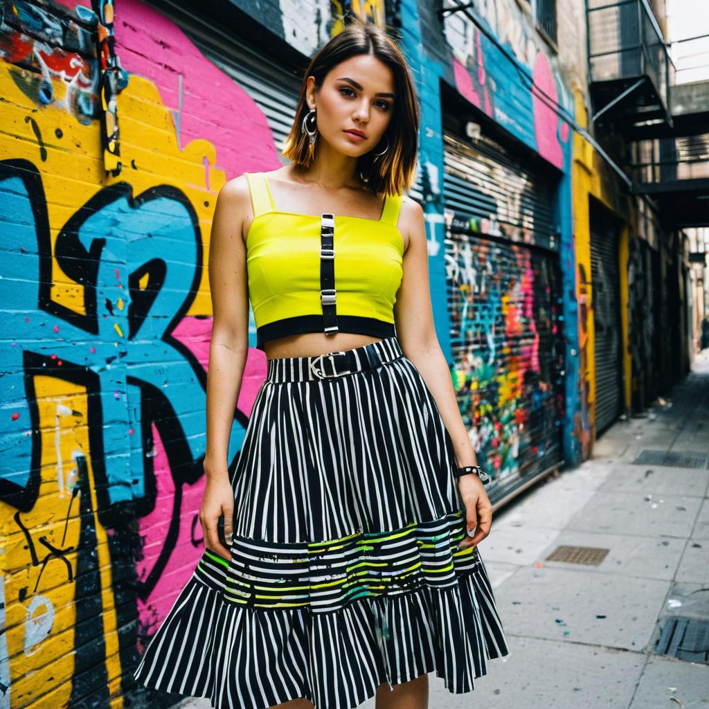 Young Woman in Bright Yellow Top and Striped Skirt Against Graffiti Wall