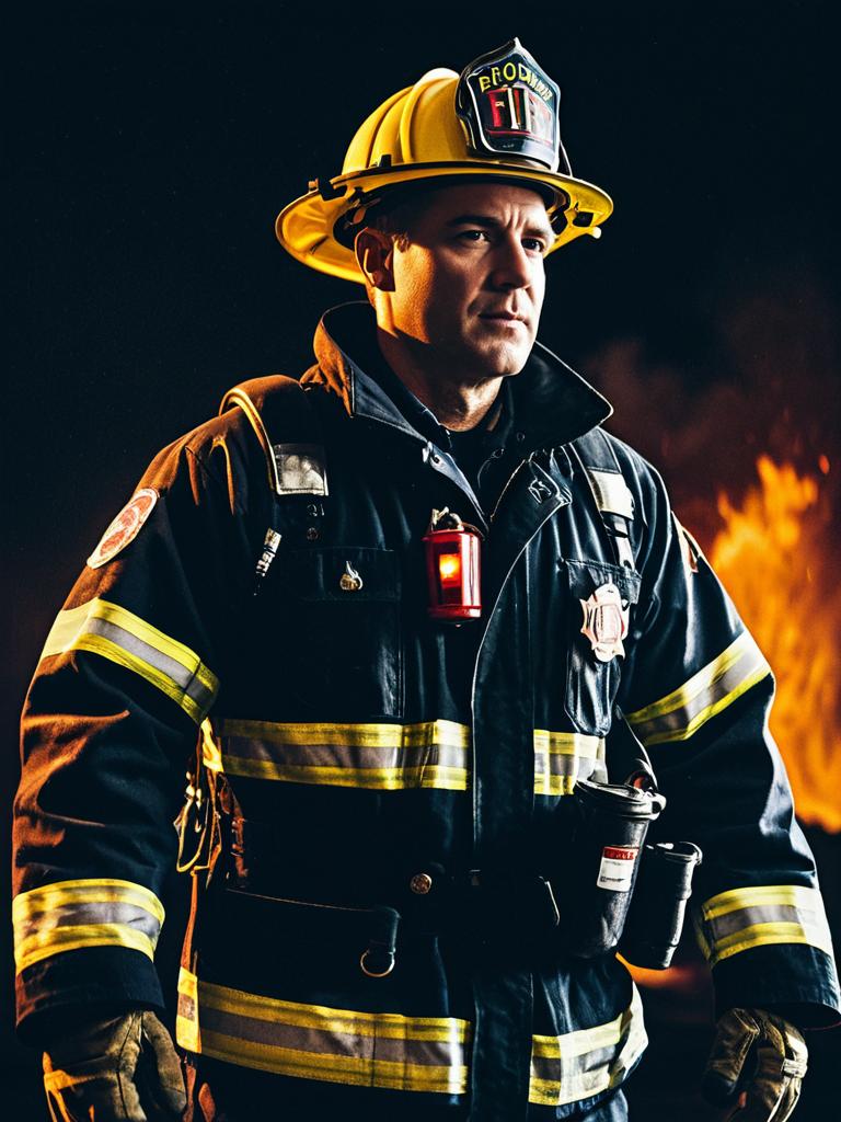 Man in Firefighter Costume Waist Up Editorial Photo with Dramatic Lighting