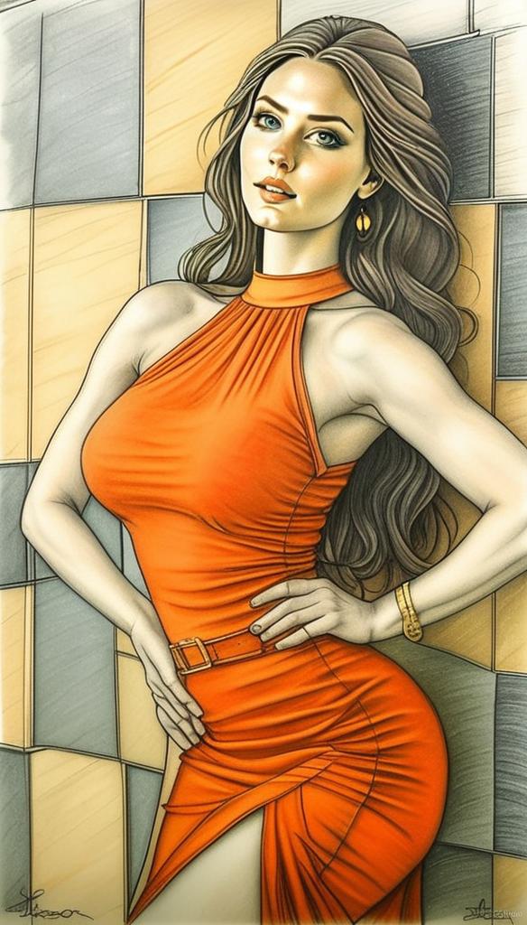 Confident Woman in Orange Dress with Geometric Background