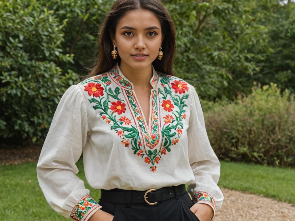 Elegant Woman in Floral Embroidered Blouse Outdoors