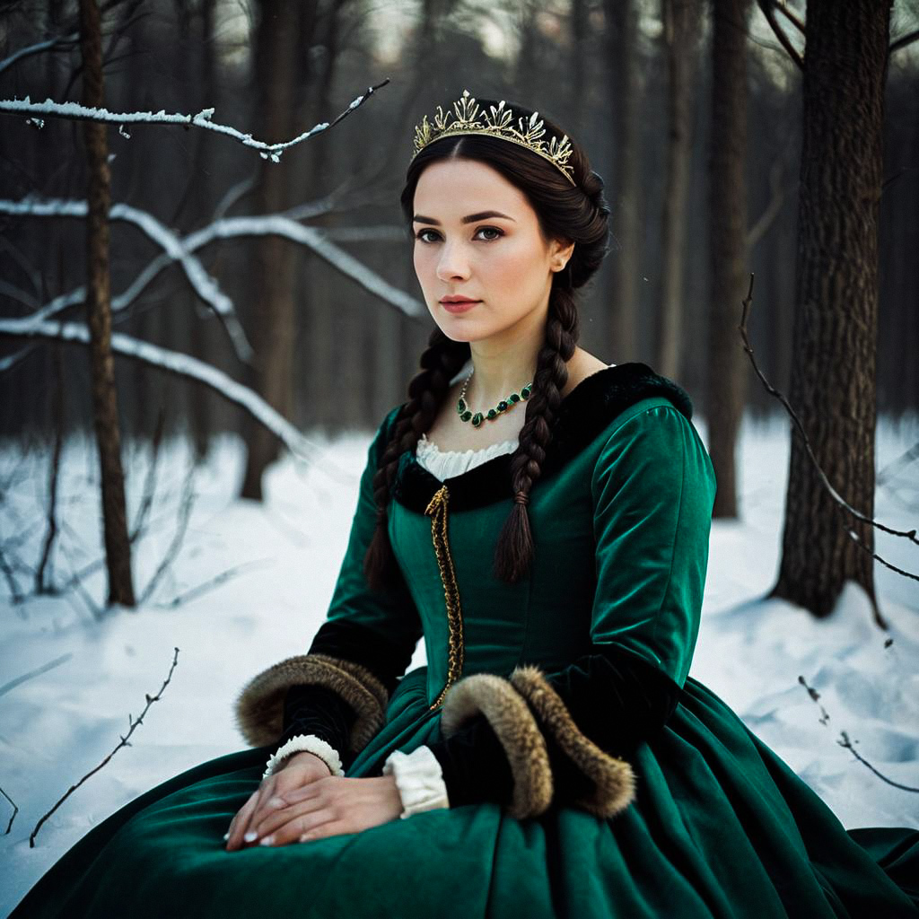 Young Woman in Emerald Velvet Gown in Snowy Forest Young Woman in Emerald Velvet Gown in Snowy Forest