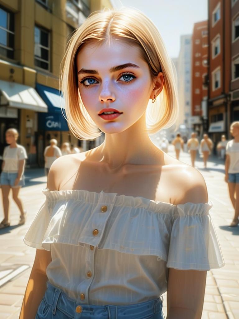 Young Woman in Off-Shoulder Blouse on Sunlit City Street