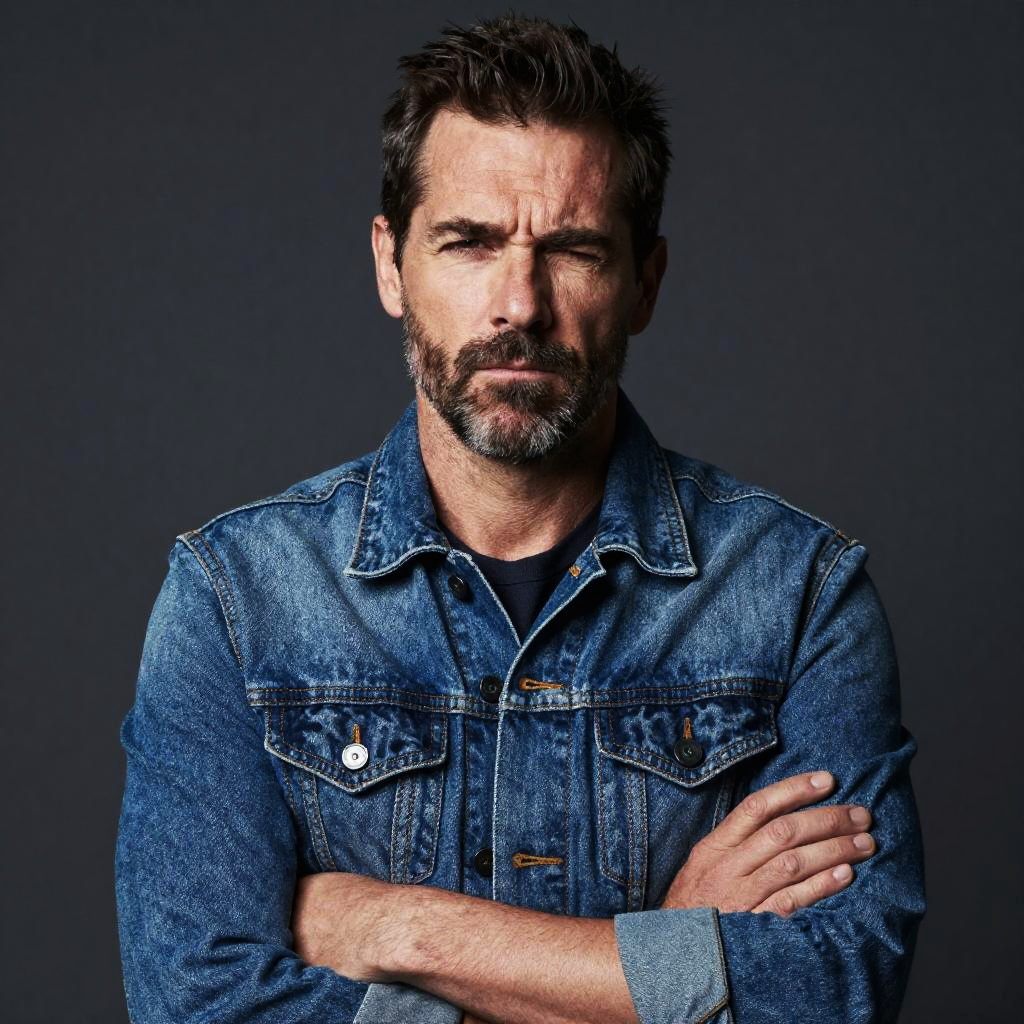 Portrait of Confident Man in Denim Jacket with Arms Crossed
