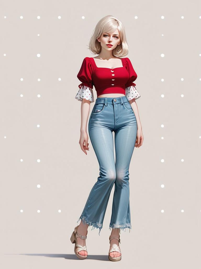 Realistic Full Body Illustration of Woman in Casual Street Style Outfit with Red Blouse and Denim Jeans